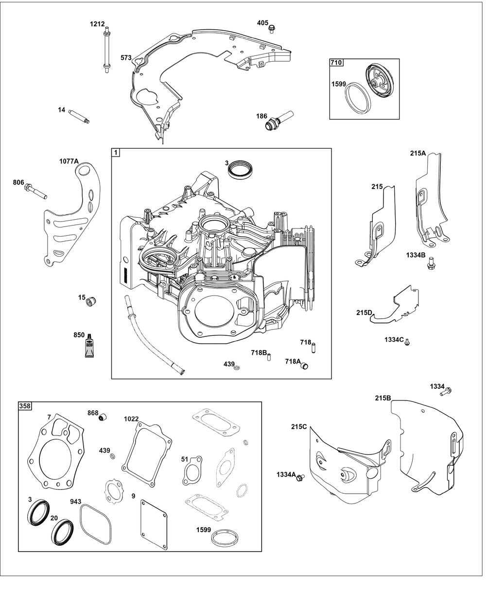 Cylinder Group Diagram and Parts List for 61A777-0100-J1 400000 - 699999 Briggs and Stratton Engine